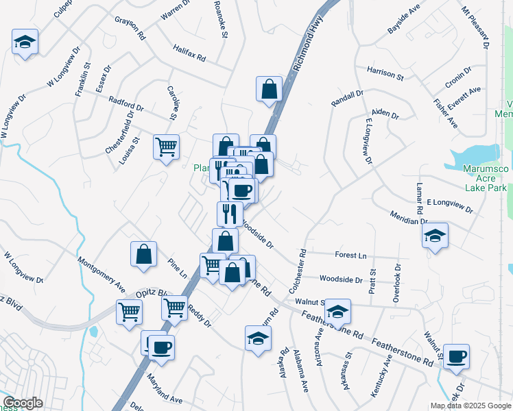 map of restaurants, bars, coffee shops, grocery stores, and more near 14408 Gemstone Drive in Woodbridge