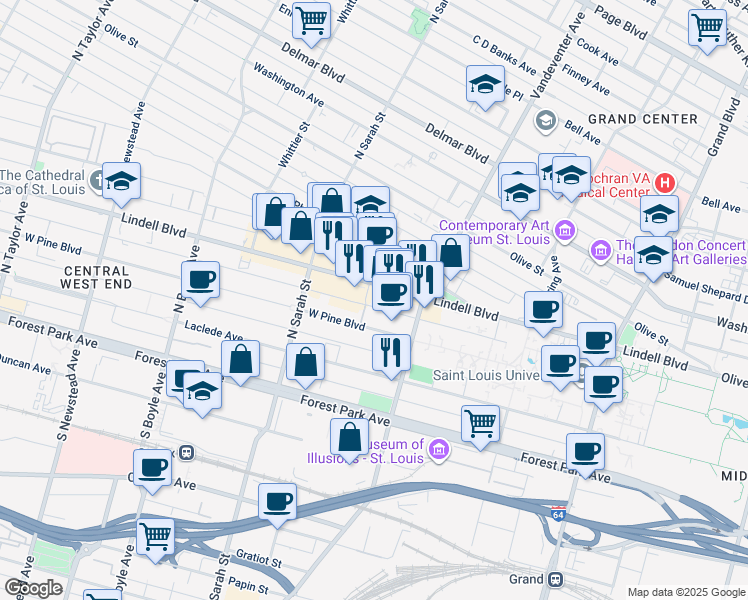 map of restaurants, bars, coffee shops, grocery stores, and more near 3950 Lindell Boulevard in St. Louis