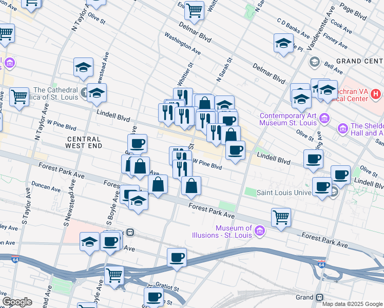 map of restaurants, bars, coffee shops, grocery stores, and more near 4065 West Pine Boulevard in St. Louis