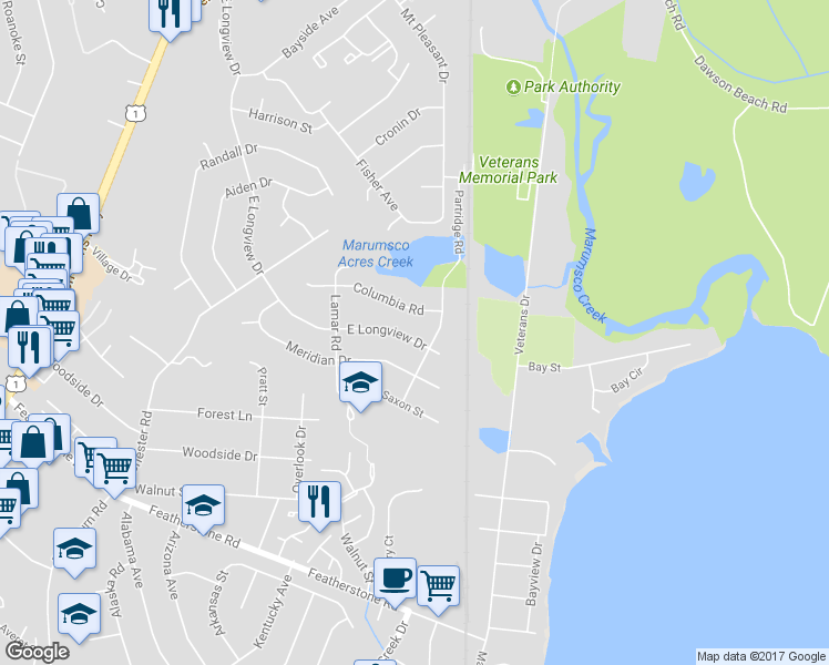 map of restaurants, bars, coffee shops, grocery stores, and more near 1209 East Longview Drive in Woodbridge
