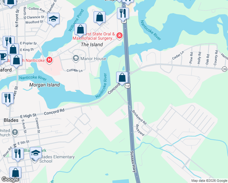map of restaurants, bars, coffee shops, grocery stores, and more near 8744 Concord Road in Seaford
