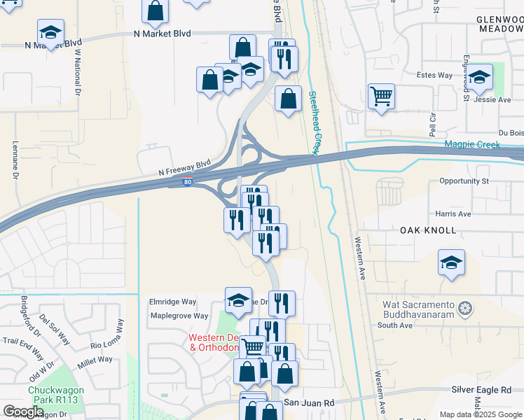 map of restaurants, bars, coffee shops, grocery stores, and more near 3825 Rosin Court in Sacramento