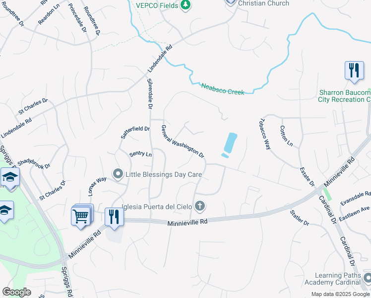 map of restaurants, bars, coffee shops, grocery stores, and more near 14536 General Washington Drive in Woodbridge