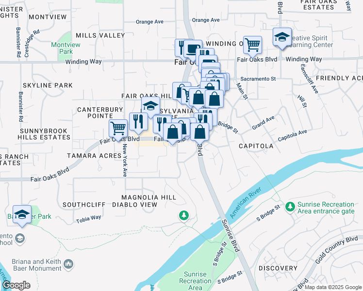 map of restaurants, bars, coffee shops, grocery stores, and more near 4047 Pennsylvania Avenue in Fair Oaks