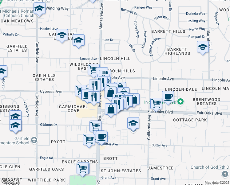 map of restaurants, bars, coffee shops, grocery stores, and more near 4101 Wayside Ln in Carmichael