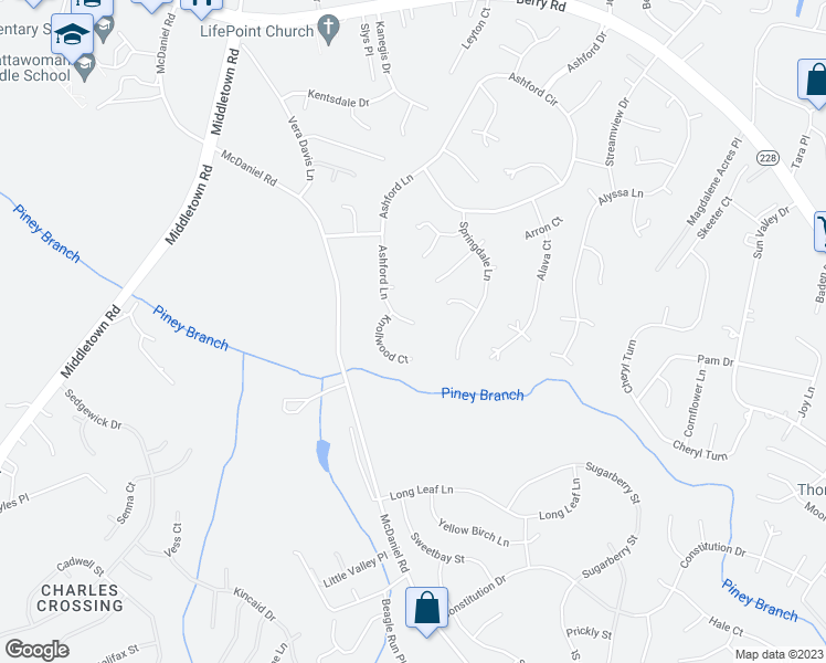 map of restaurants, bars, coffee shops, grocery stores, and more near 2306 Ashford Lane in Waldorf