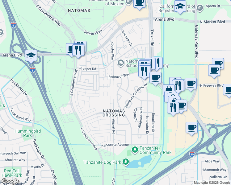 map of restaurants, bars, coffee shops, grocery stores, and more near 3855 Bilsted Way in Sacramento