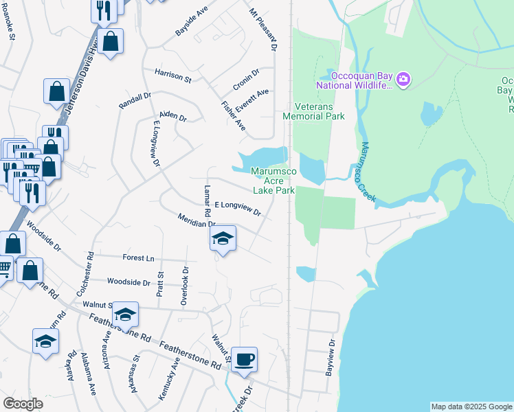 map of restaurants, bars, coffee shops, grocery stores, and more near 1209 East Longview Drive in Woodbridge
