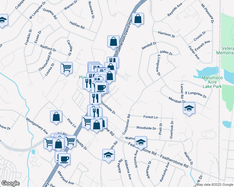 map of restaurants, bars, coffee shops, grocery stores, and more near 14407 Gemstone Drive in Woodbridge