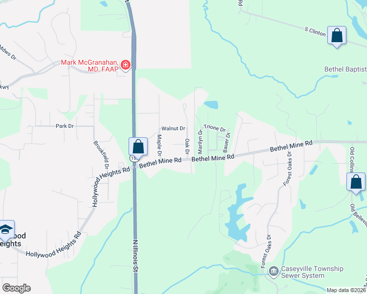map of restaurants, bars, coffee shops, grocery stores, and more near 4 Oak Drive in Caseyville