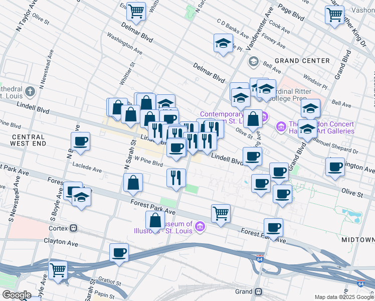map of restaurants, bars, coffee shops, grocery stores, and more near 229 Vandeventer Avenue in St. Louis