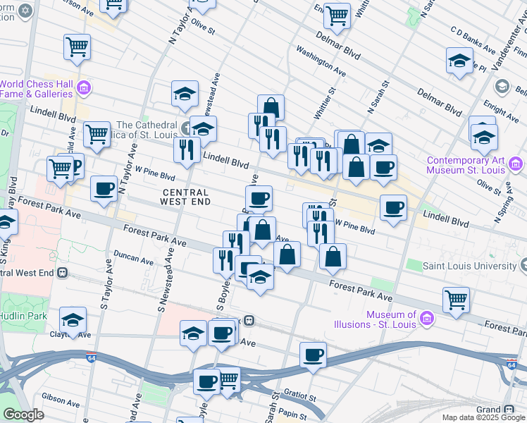 map of restaurants, bars, coffee shops, grocery stores, and more near 4251 Laclede Avenue in St. Louis