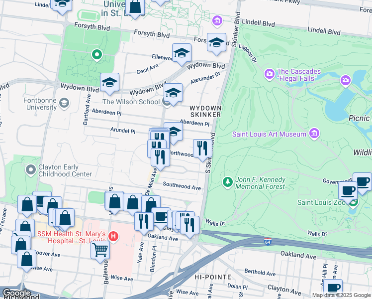 map of restaurants, bars, coffee shops, grocery stores, and more near 6310 Northwood Avenue in Clayton