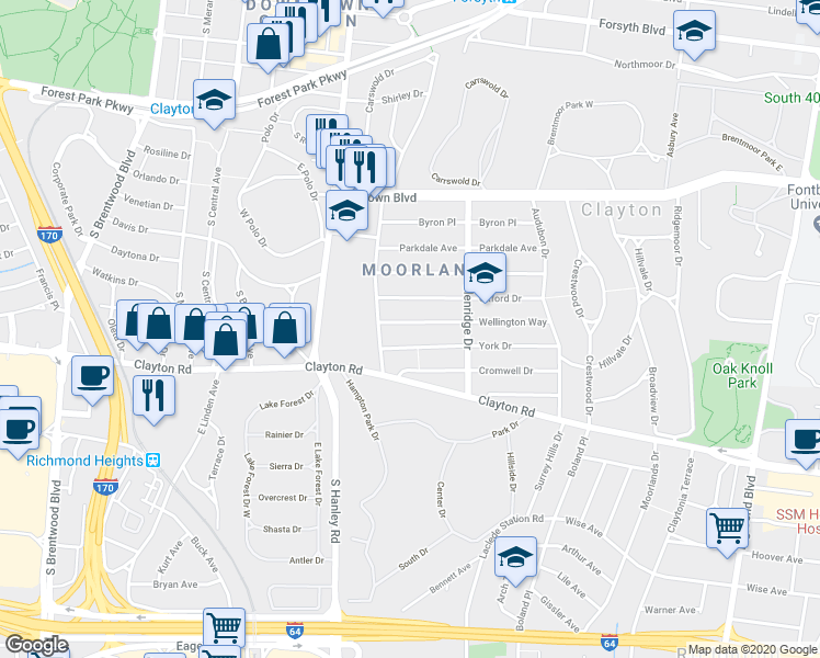 map of restaurants, bars, coffee shops, grocery stores, and more near 7535 York Drive in Clayton
