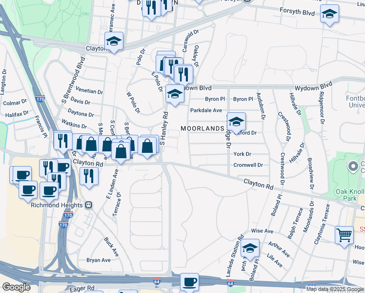 map of restaurants, bars, coffee shops, grocery stores, and more near 900 South Hanley Road in Clayton