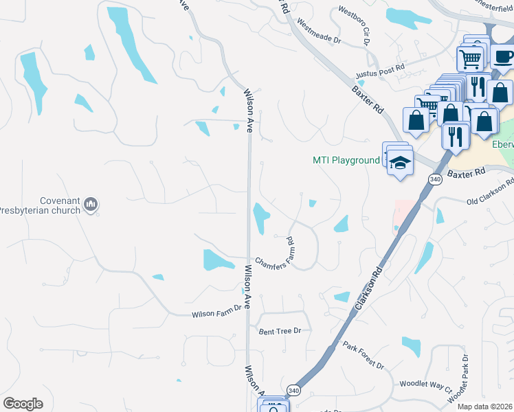 map of restaurants, bars, coffee shops, grocery stores, and more near 16002 Aston Court in Chesterfield