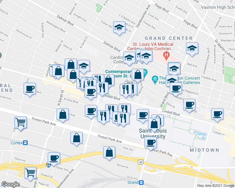 map of restaurants, bars, coffee shops, grocery stores, and more near 3801 Lindell Boulevard in St. Louis