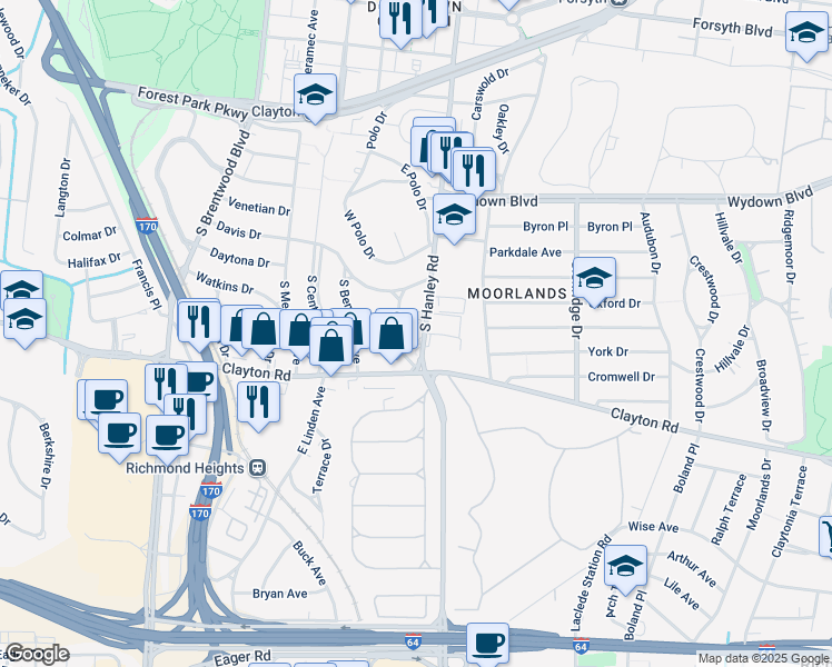 map of restaurants, bars, coffee shops, grocery stores, and more near 925 South Hanley Road in St. Louis
