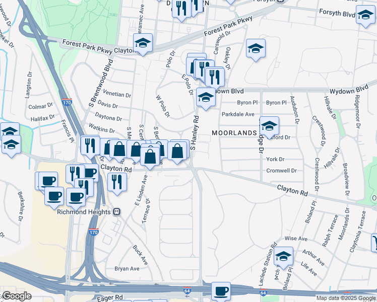 map of restaurants, bars, coffee shops, grocery stores, and more near 901 South Hanley Road in St. Louis