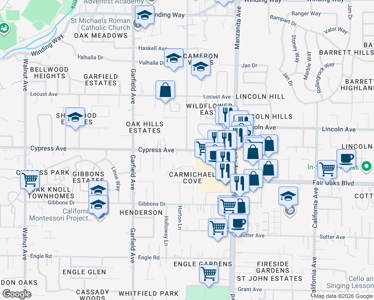 map of restaurants, bars, coffee shops, grocery stores, and more near Cypress Ave & Hackberry Ln in Carmichael