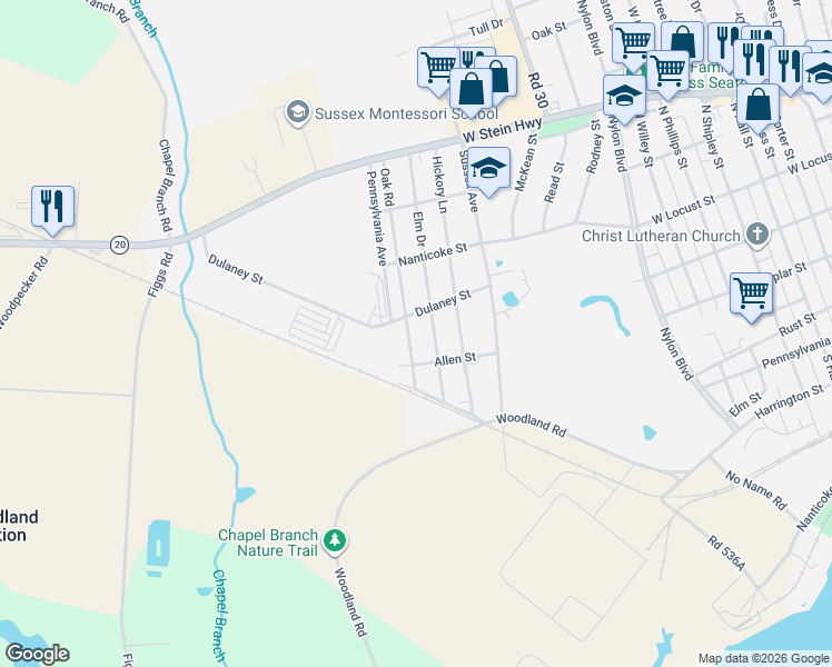 map of restaurants, bars, coffee shops, grocery stores, and more near 305 Oak Road in Seaford