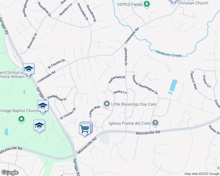 map of restaurants, bars, coffee shops, grocery stores, and more near 14675 Stratford Drive in Woodbridge