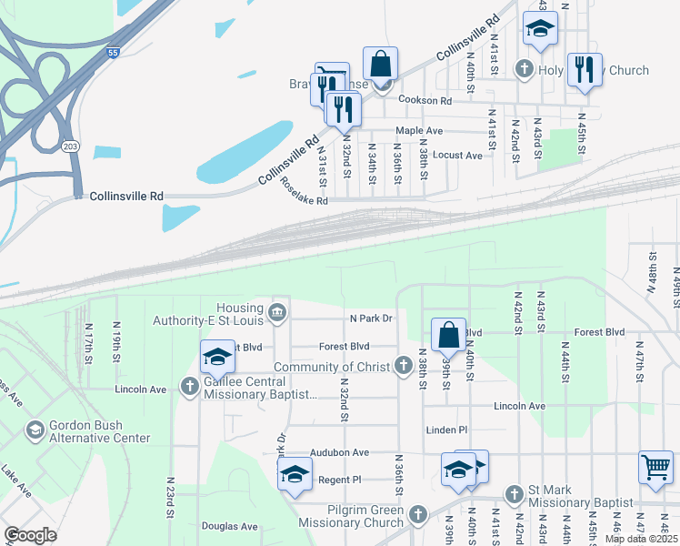 map of restaurants, bars, coffee shops, grocery stores, and more near 2204 North 31st Street in East St. Louis