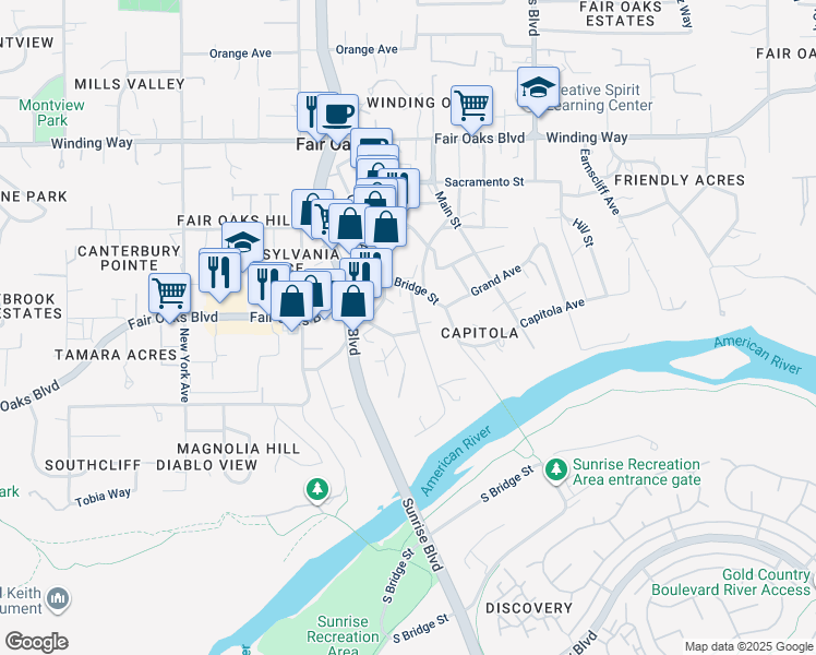 map of restaurants, bars, coffee shops, grocery stores, and more near 4031 Ridge Street in Fair Oaks