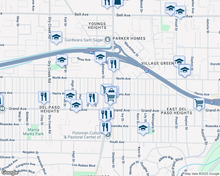map of restaurants, bars, coffee shops, grocery stores, and more near 3905 Marysville Boulevard in Sacramento
