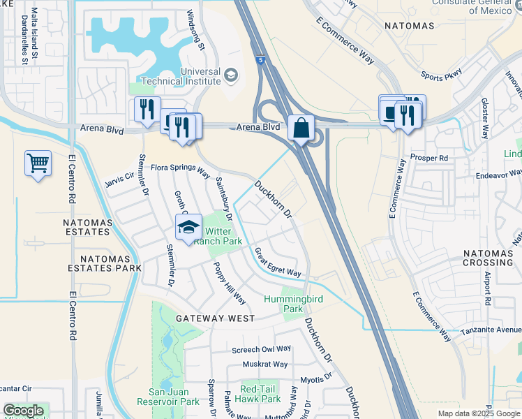 map of restaurants, bars, coffee shops, grocery stores, and more near 3801 Duckhorn Drive in Sacramento