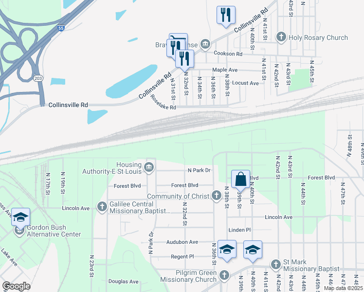 map of restaurants, bars, coffee shops, grocery stores, and more near 2204 North 31st Street in East St. Louis