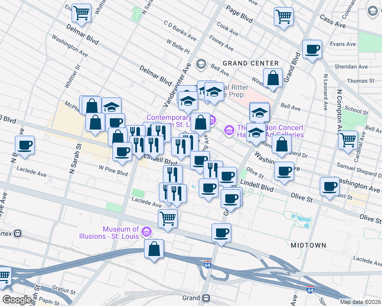 map of restaurants, bars, coffee shops, grocery stores, and more near 3701 Lindell Boulevard in St. Louis