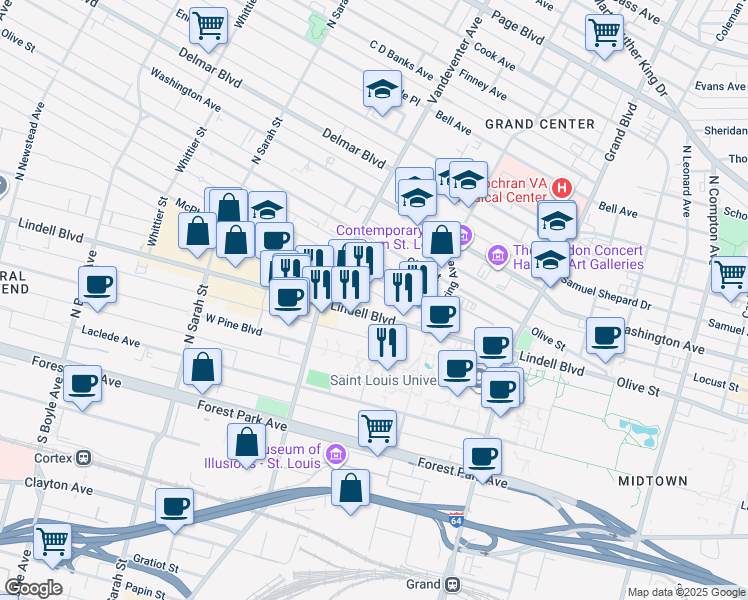 map of restaurants, bars, coffee shops, grocery stores, and more near 3801 Lindell Boulevard in St. Louis