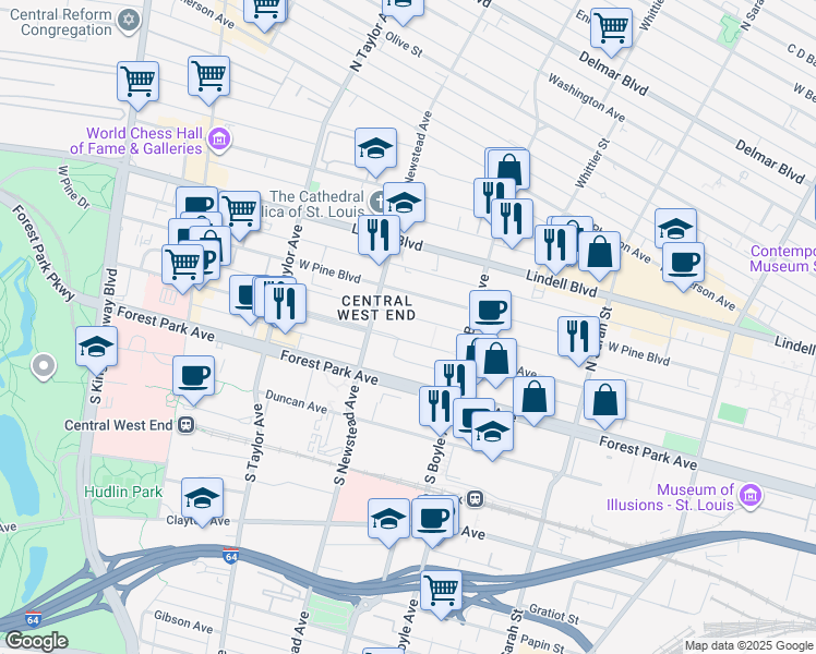map of restaurants, bars, coffee shops, grocery stores, and more near 4358 Laclede Avenue in St. Louis