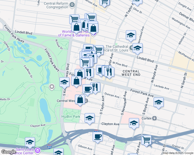 map of restaurants, bars, coffee shops, grocery stores, and more near 4540 Forest Park Avenue in St. Louis