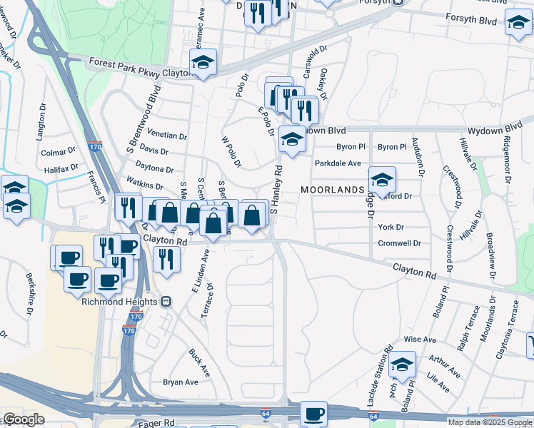 map of restaurants, bars, coffee shops, grocery stores, and more near 925 South Hanley Road in St. Louis