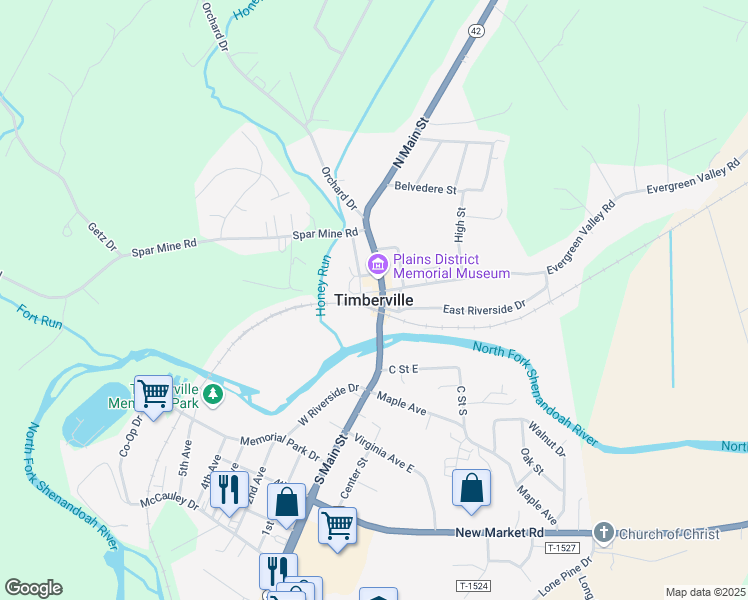 map of restaurants, bars, coffee shops, grocery stores, and more near in Timberville