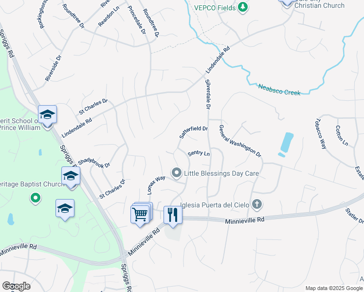 map of restaurants, bars, coffee shops, grocery stores, and more near 14675 Stratford Drive in Woodbridge