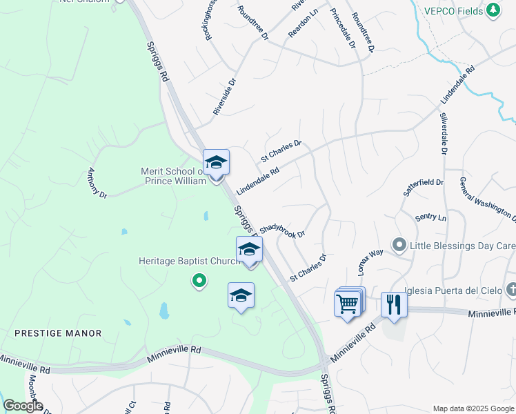 map of restaurants, bars, coffee shops, grocery stores, and more near 14327 Lindendale Road in Woodbridge
