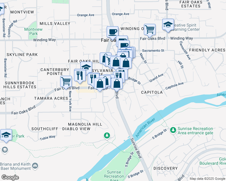 map of restaurants, bars, coffee shops, grocery stores, and more near 9913 Portofino Oak Lane in Fair Oaks