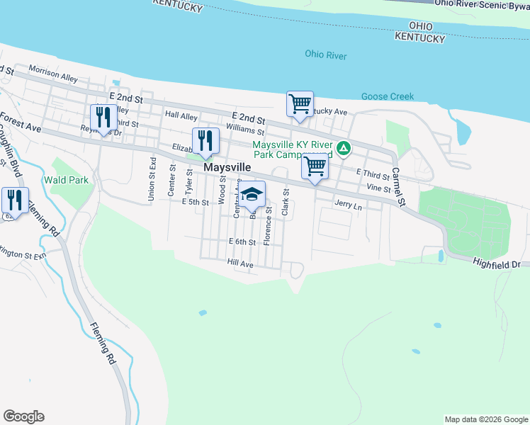 map of restaurants, bars, coffee shops, grocery stores, and more near 505 Florence Street in Maysville