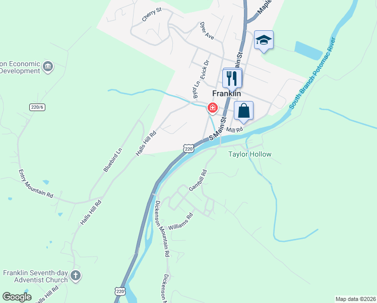 map of restaurants, bars, coffee shops, grocery stores, and more near US Highway 220 in Franklin