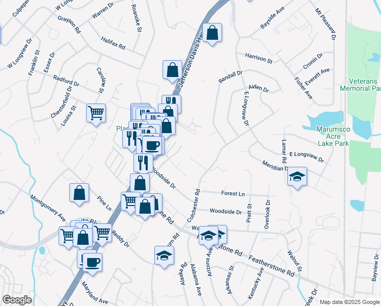 map of restaurants, bars, coffee shops, grocery stores, and more near 1614 Pinewood Court in Woodbridge
