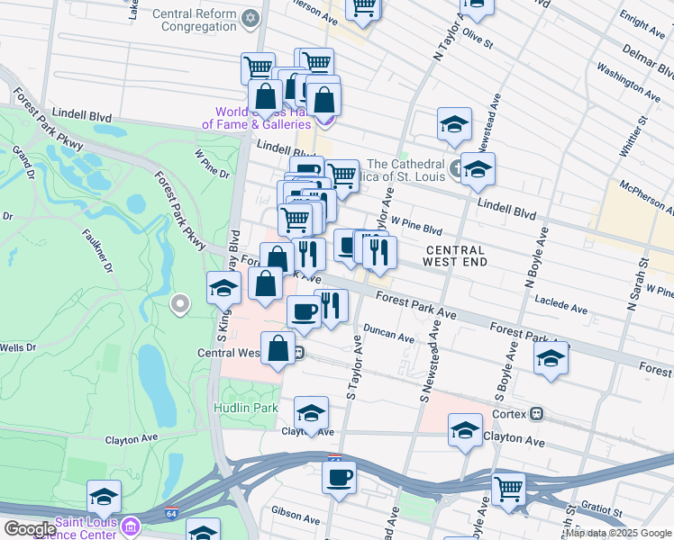 map of restaurants, bars, coffee shops, grocery stores, and more near 4535 Forest Park Avenue in St. Louis