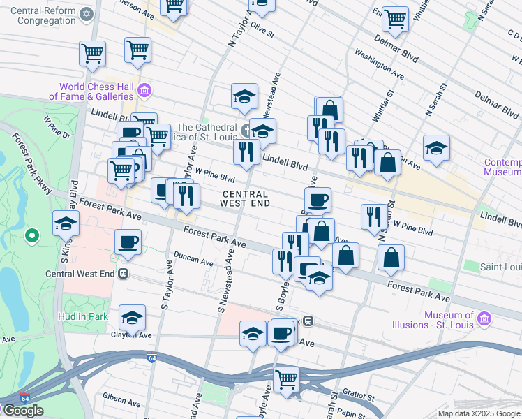 map of restaurants, bars, coffee shops, grocery stores, and more near 4358 Laclede Avenue in St. Louis