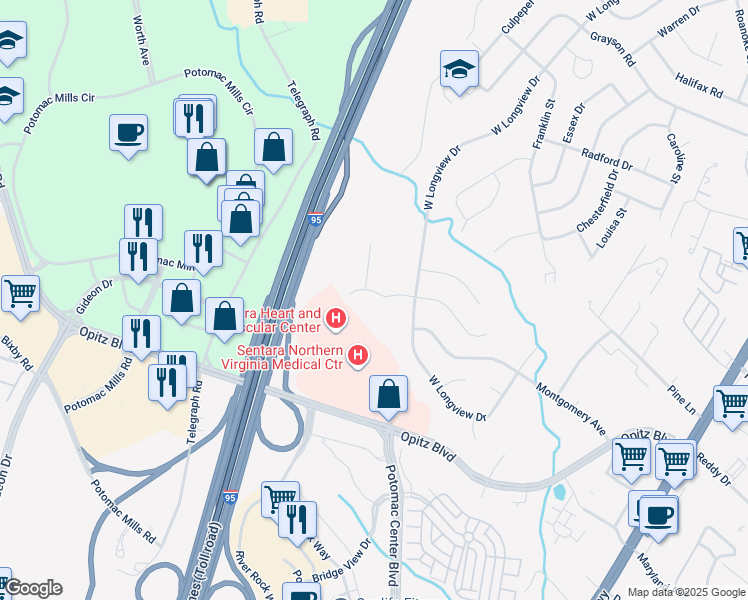 map of restaurants, bars, coffee shops, grocery stores, and more near 2321 Princess Anne Lane in Woodbridge
