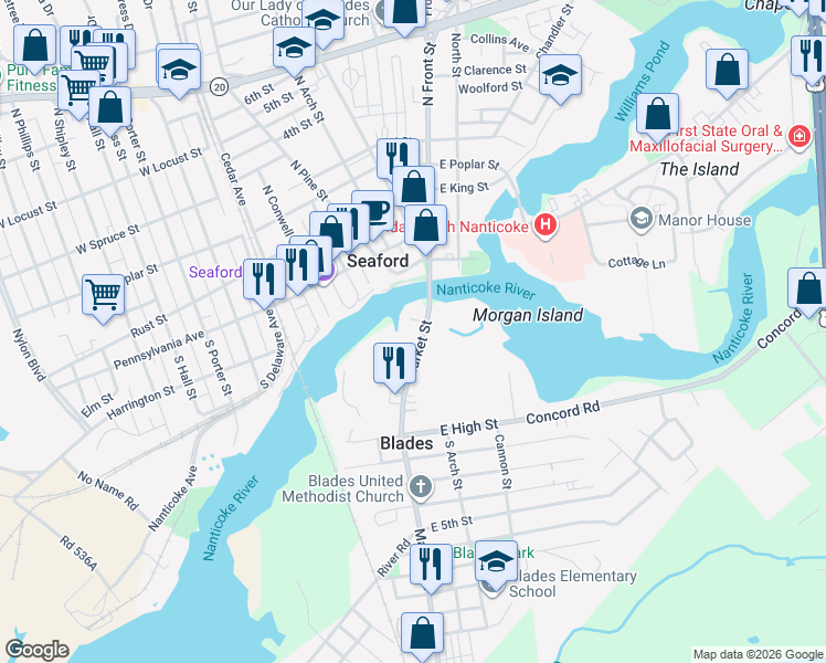 map of restaurants, bars, coffee shops, grocery stores, and more near 40 South Market Street in Seaford