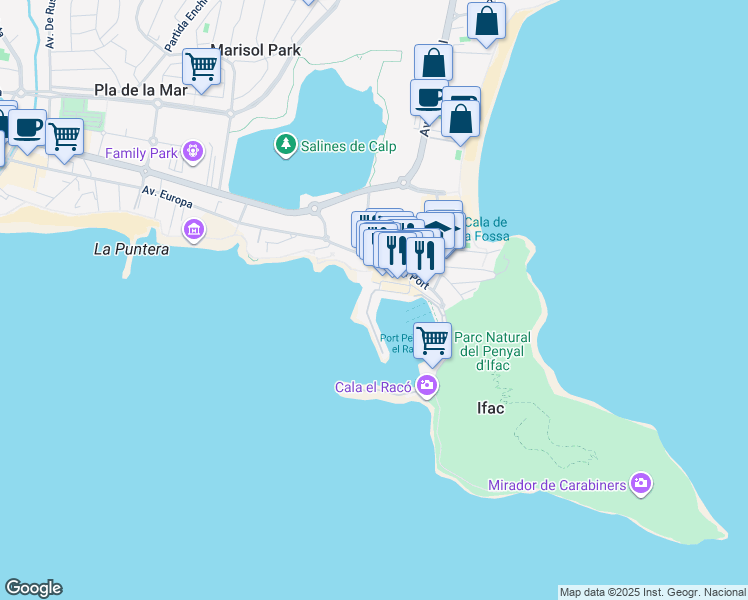 map of restaurants, bars, coffee shops, grocery stores, and more near 34 Avenida del Port in Calpe