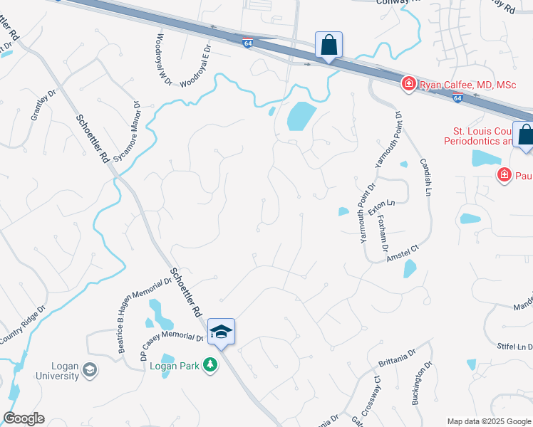 map of restaurants, bars, coffee shops, grocery stores, and more near 1505 Timberbluff Court in Chesterfield