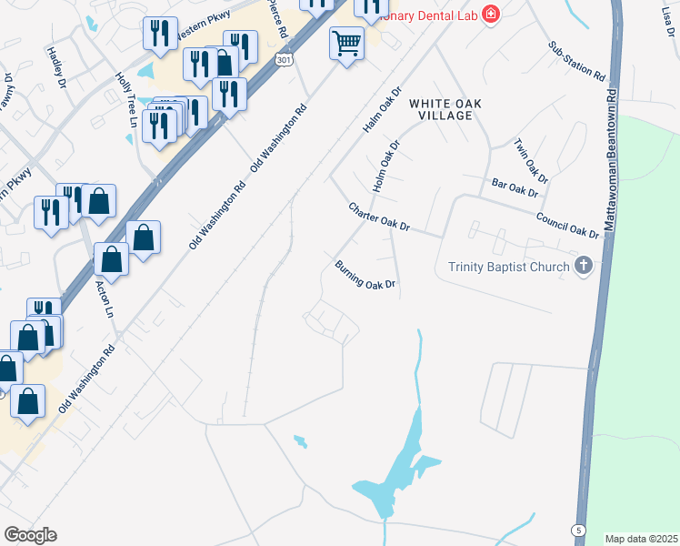 map of restaurants, bars, coffee shops, grocery stores, and more near 2713 Burning Oak Drive in Waldorf